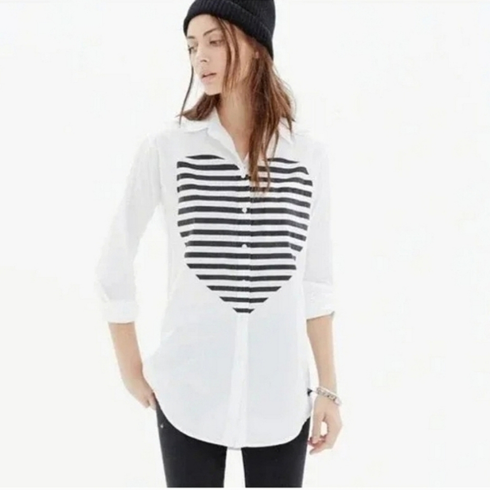 Madewell Striped Heart Print Oversized Shirt.  Size Medium